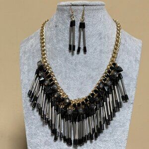 Black Grey lucite Bead dangle From Gold Tone Link Necklace earring set